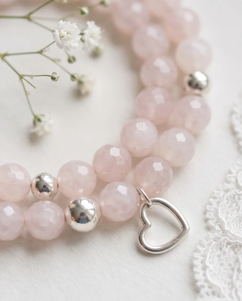 Rose Quartz Heart Charm Bracelet — handmade by Willow and Fox