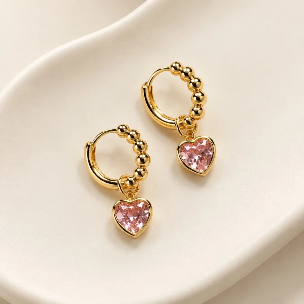 Heart-shaped Pink Gemstone Nebula Earrings — handmade by Willow and Fox