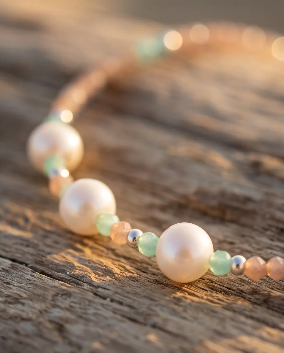 Marisol Peach Moonstone & Pearl Necklace — handmade by Willow and Fox