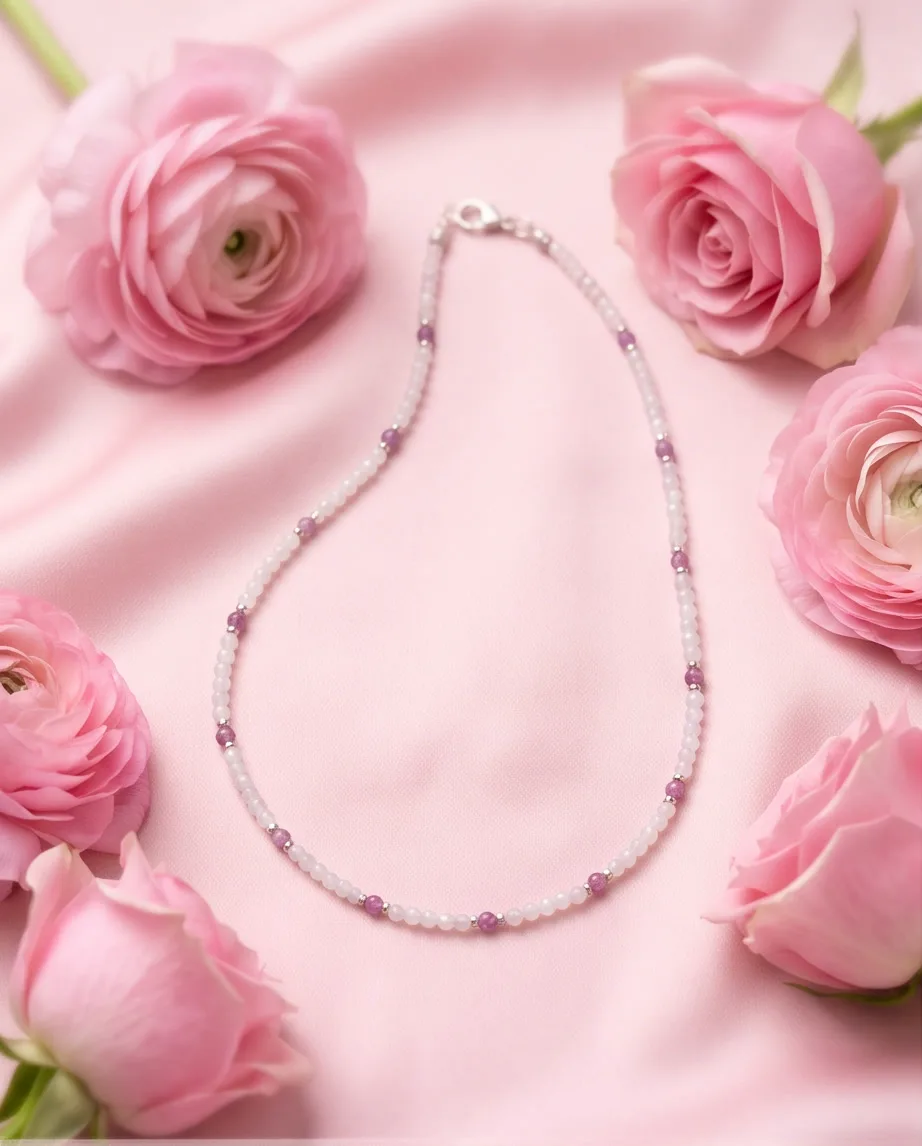 Primrose White Jade & Pink Necklace — handmade by Willow and Fox